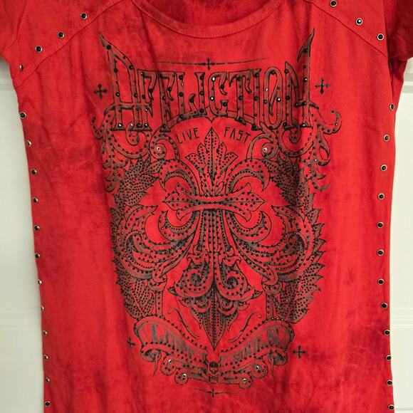 NEW NWT Women's Affliction Red Rhinestone Scoop Neck Tee | Size Medium - Picture 4 of 9
